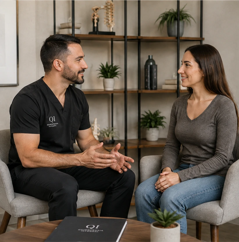 Conversación y atención cercana con paciente en Quiropraxia Integral